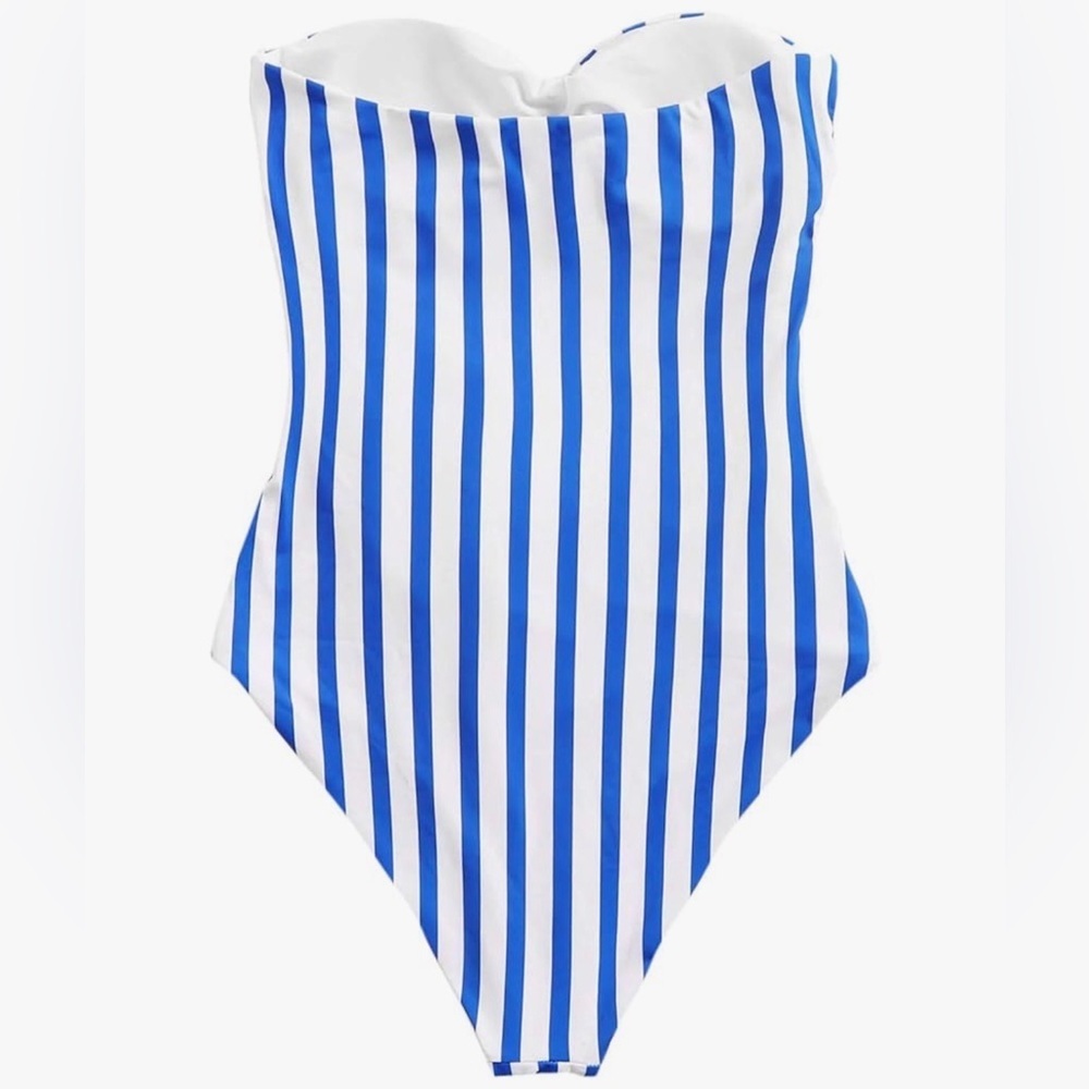 Sweatyrocks Women’s Blue and White Striped Swimsuit Strapless - Picture 2 of 5